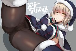 artoria_pendragon artoria_pendragon_(alter) artoria_pendragon_(santa_rider_alter) fate/grand_order fate_(series) no_panties pantyhose santa_costume smile spread_legs yellow_eyes