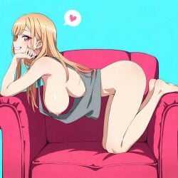 ai_generated aqua_background armchair barbell_piercing bare_arms bare_shoulders barefoot blonde_hair blue_background blush bottomless breasts chair ear_piercing earrings elbow_rest feet female from_side full_body grey_shirt grey_tank_top grin hanging_breasts head_rest heart industrial_piercing jewelry kitagawa_marin kneeling large_breasts legs long_hair looking_at_viewer looking_to_the_side loose_clothes loose_shirt makeup multiple_piercings nail_polish nipples no_bra piercing pink_nails profile red_eyes shiny_skin shirt sideways_glance simple_background smile solo sono_bisque_doll_wa_koi_wo_suru spoken_heart tank_top teeth thighs