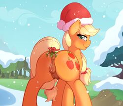 2015 absurd_res anatomically_correct anatomically_correct_pussy animal_genitalia anus applejack_(mlp) ass blonde_hair blush christmas crotchboobs cutie_mark earth_pony equine equine_pussy female feral freckles friendship_is_magic green_eyes hair hat hi_res holidays horse long_hair looking_at_viewer mammal mistletoe my_little_pony outside plant pony pussy ratofdrawn santa_hat smile snow solo tree