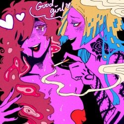 2girls about_to_have_sex alexis_ness almost_naked almost_nude before_sex blonde_hair blue_lock breasts brown_hair cigarette cigarettes_after_sex colored_skin couple_(romantic) dominant_female english_text erskyee female_domination femdom femsub heart hot in_love kainess kaiser_michael magenta_hair making_love michael_kaiser mommy_kink nipples omg pink_skin reference retro retro_artstyle sexy smoke submissive_female tattoo yuri