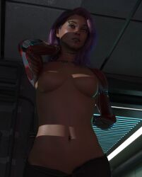 1girls 3d cyborg daz_studio female female_only jenlapa original purple_hair robotic_arm solo topless topless_female