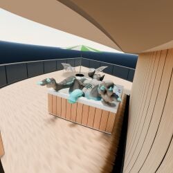 3d 3d_(artwork) absurd_res animal_genitalia animal_penis anthro blue_body building claws closed_eyes deathclaw digital_media_(artwork) equine_genitalia equine_penis f3nrisulfr fallout genitals grey_body hi_res horn hot_tub house male microsoft navel nipples paws penis relaxing scalie solo teeth