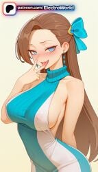 1girls 2026 ai_generated artist_name bare_shoulders blue_bow blush breasts brown_hair bust chest covered_nipples earrings electroworld female gradient gradient_background hi_res high_quality high_resolution highres jewelry katarina_claes long_hair open_mouth otome_game_no_hametsu_flag_shika_nai_akuyaku_reijou_ni_tensei_shite_shimatta patreon patreon_username saliva sideboob smile solo stable_diffusion tongue tongue_out virgin_killer_sweater watermark
