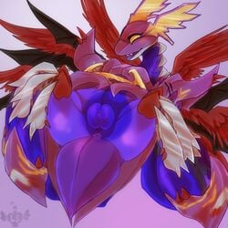 armor detailed dexmon digimon female feral looking_at_viewer lovespell lying on_back pussy solo wings