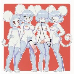 4girls ai_assisted ai_generated anthro brown_eyes choker female futanari green_eyes grey_eyes hair_over_eyes kokenaart leashed_together maushold maushold_(family_of_four) mouse_ears mouse_tail nude penis pokemon pokemon_(species) pubic_hair pussy stirrup_legwear whiskers white_fur