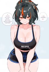 1girls absurdres black_hair black_shorts black_tank_top bluefield breasts cleavage closed_mouth clothes_writing commentary crop_top dolphin_shorts double-parted_bangs english_text female female_only hair_between_eyes highres large_breasts looking_at_viewer medium_hair orange_eyes orange_streaks short_shorts shorts simple_background smile solo speech_bubble tank_top tomboy zenless_zone_zero zhu_yuan