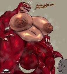 absurd_res anthro areola bald balls biped bodily_fluids breasts dinosaur duo genital_fluids genitals glistening glistening_body gynomorph hi_res human intersex larger_gynomorph larger_intersex mammal multicolored_body nipples nude overweight penis precum prehistoric_species pupils red_body reptile saurischian scalie sharp_teeth simple_background size_difference smaller_human smile sweat tail teeth theropod thick_thighs tyrannosaurid tyrannosauroid tyrannosaurus tyrannosaurus_rex vein veiny_penis ze_blackball.d