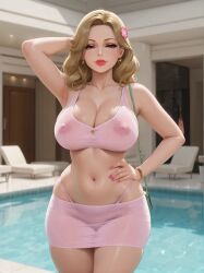 ai_generated armpits bangle beige_hair belly_button carrying_bag door earrings female hair_ornament handbag indoor_pool large_breasts lipstick lounge_chair midriff milf miniskirt nail_polish nipple_outline nipples_visible_through_clothing one_hand_behind_head one_hand_on_hip poolside rgomez007 seductive_smile skindentation solo_female stable_diffusion thick_lips thick_thighs thong_straps wide_hips