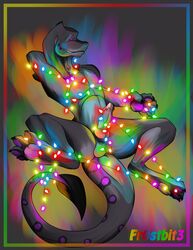 bondage bound christmas christmas_lights colorful dragon embarrassed entangled erection feral fr0stbit3 frill frilled_dragon gravity_(character) holidays humiliated humiliation lights male male_only penis smile solo xxxmas