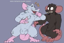 5_fingers 5_toes alexclimax animal_genitalia anthro balls big_balls biped blush bodily_fluids brown_body brown_fur buckteeth claws closed_eyes dialogue digital_media_(artwork) duo elbowing embarrassed english_text feet fingers fur genitals grey_body grey_fur iconography male male/male male_anthro mammal murid murine paws purple_body rat rat_tail rodent sheath standing sweat tail teeth text toes whiskers white_whiskers