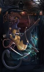 blackknight23 braids brown_hair cat_tail chains dark_skin fingerless_gloves glow halloween lights pumpkins red_hair succubus tail thighhigh_boots thighhighs witch_hat words