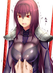 1girls armor blush bodysuit breasts burgundy_hair command_spell fate/grand_order fate_(series) female fringe large_breasts long_hair nipple_tweak open_mouth purple_hair red_eyes scathach_(fate) slim small_ass taguchi_takahiro trembling