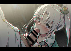 1boy admiral_(kantai_collection) akitsushima_(kantai_collection) bar_censor blush censored fellatio female grey_eyes grey_hair kantai_collection kappipe_(brd0520) male_pubic_hair oral penis pubic_hair side_ponytail