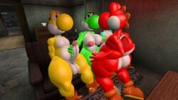 1girls 3boys 3d 3d_(artwork) alternate_angle ass balls big_ass big_breasts big_butt big_thighs blue_eyes boots breasts bubble_ass bubble_butt couch curvy cyan_yoshi double_handjob female foursome green_yoshi handjob indoors kabalmystic_(style) male mario_(series) multiple_boys nintendo nipples open_mouth part_of_a_set pussy quartet red_yoshi short_tail solo_female tail thhypercombine12 thick thick_ass thick_butt thick_hips thick_thighs thighs trio_male vaginal_penetration wide_hips yellow_yoshi yoshi