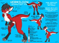 2015 anthro anus ass big_ears dinosaur doncoon_(artist) female fur hair lizard looking_at_viewer model_sheet playful presenting presenting_hindquarters presenting_pussy pussy raptor red_fur red_skin reptile scalie shy text vermilion_(character)