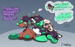 chabble dialogue headphones inner_thoughts marina_(splatoon) nintendo painted_on_smile pearl_(splatoon) plushie plushification pokemon post_transformation primarina seashell_pasties sleeping sleeping_on_partner smile splatoon tentacle tentacle_hair transformation