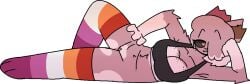 animal_humanoid bottomless clothed clothing emily_(superbharm0ny) female heart_symbol hi_res humanoid lagomorph lagomorph_humanoid legwear leporid_humanoid lesbian_pride_colors lgbt_pride mammal mammal_humanoid no_underwear pose pride_colors rabbit_humanoid solo superbharm0ny thigh_highs