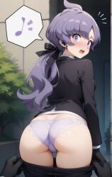 1girls ai_generated anabel_(pokemon) anabel_(pokemon_sm) ass assisted_exposure black_gloves black_pants black_suit embarrassed exposed_panties female frilly_panties gloves notice_lines open_mouth panties pants pants_pull pantsing pokemon pokemon_sm ponytail purple_eyes purple_hair purple_panties underwear undressing_another wide_eyed
