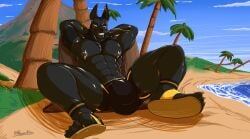 2025 absurd_res anthro anubian_jackal artist_name balls_outline beach biceps big_bulge biped black_body black_eyebrows black_markings black_nose bulge canid canine canis claws clothed clothing cloud colored detailed_bulge digital_drawing_(artwork) digital_media_(artwork) english_text eye_markings eyebrows footwear genital_outline grey_nipples hi_res jackal khayen light looking_at_viewer lying lying_on_ground male male_only mammal markings mountain muscular muscular_anthro muscular_male muscular_thighs nipple_piercing nipples on_back on_ground outside palm_tree penis_outline piercing plant presenting presenting_bulge sand sandals shoes signature simple_background skimpy sky smile smiling_at_viewer smirk smirking_at_viewer solo sunlight swimwear teeth text thick_thighs tight_clothing tight_swimwear tight_underwear toe_claws topless topless_anthro topless_male tree triceps underwear underwear_only water yellow_clothing yellow_eyes yellow_footwear yellow_markings yellow_sandals yellow_toe_claws