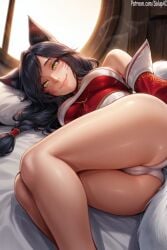 1girls ahri ai_generated ass blush braided_hair breasts clothed dark_hair face_markings female female_only fox_ears fox_girl fox_tail league_of_legends league_of_legends:_wild_rift long_hair looking_at_viewer lying lying_on_side medium_breasts multi_tail panties patreon salupai smile solo solo_female steam tail uncensored watermark yellow_eyes