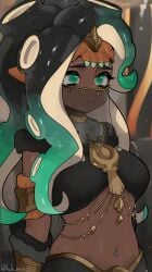 1girls :3 alternate_costume armor armored_female artist_signature belly belly_button blangonga_(armor) capcom cowboy_shot cute dark-skinned_female dark_skin female female_focus female_only green_eyes hair_ornament hi_res high_resolution highres hizake jewelry kashu_(hizake) long_hair marina_(splatoon) mole_under_mouth monster_hunter monster_hunter_wilds navel navel_piercing nintendo octoling pierced_belly_button piercing pointy_ears splatoon splatoon_(series) splatoon_2 tentacle_hair unusual_pupils wide_eyed wide_hips