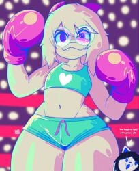 big_ass big_thighs boxing_gloves boxing_ring darkner deltarune femboy flat_chest goat goofy_horns ralsei ralsei_(deltarune) ralsei_with_white_fur round_glasses temmie_(undertale) undertale undertale_(series) white_fur wide_hips