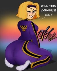 1girls ass big_ass blonde_hair blush clothing coach_greer disney female female_focus female_only looking_at_viewer looking_back marvel marvel_comics moon_girl_and_devil_dinosaur solo solo_female solo_focus text wifeyvoo