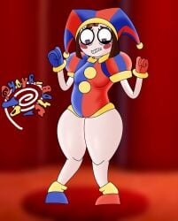 1girls blue_eyes clothed clothing embarrassed_female female glitch_productions jester jester_girl jester_hat jester_outfit pomni pomni_(the_amazing_digital_circus) red_eyes solo solo_female solo_focus standing the_amazing_digital_circus thick_thighs wifeyvoo