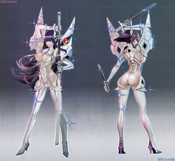 1girls ass bakuzan blue_eyes blue_hair boots breasts cleavage female full-length_portrait full_length garter_straps gloves high_heel_boots high_heels hourglass_figure junketsu katana kill_la_kill kiryuuin_satsuki knife large_breasts leslyzerosix long_hair navel portrait short_hair solo standing suspenders sword thigh_boots thong weapon