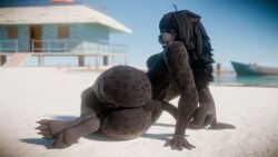 3d_(artwork) ahoge annoad anthro anus ass beach black_body black_fur black_hair blue_eyes blue_sky blurred_background breasts claws day digital_media_(artwork) fangs feet felid female fur genitals hair hi_res long_hair looking_at_viewer looking_back looking_back_at_viewer lying lying_on_ground mammal medium_breasts nude nude_anthro nude_female on_ground on_side open_mouth outdoor_nudity pantherine pussy rear_view sand shani_(annoad) sky soles solo tail teeth water