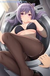 1girl 1girls ahoge ai_generated bare_arms bare_shoulders bathtub bikini black_bikini blush braid breasts closed_mouth commentary_request cone_hair_bun diamond-shaped_pupils diamond_(shape) double_bun female female_focus genshin_impact hair_bun hair_ornament indoors keqing_(genshin_impact) large_breasts long_hair looking_at_viewer lying medium_breasts pantyhose partially_submerged pink_eyes pov purple_eyes purple_hair solo_female string_bikini swimsuit thighs twintails underboob washing_machine water zelanell