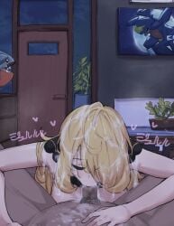 1boy absurdres blonde_hair bonsai breasts bukkake closed_eyes cum cum_on_body cum_on_breasts cum_on_hair cum_on_stomach cynthia_(pokemon) desperate_airpo facial fellatio female garchomp gible highres indoors long_hair male night oral painting_(object) pokemon pokemon_dppt straight very_long_hair