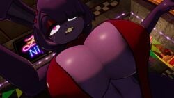 areolae big_breasts bikini bonnie_(cally3d) bonnie_(fnaf) five_nights_at_freddy's fnaf fredina's_nightclub open_mouth purple_body sling_bikini sloppydragons solo tagme teeth vrchat