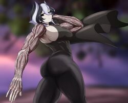 ass big_ass big_breasts black_and_white_hair body_markings expressionless female female_only huge_ass huge_breasts leggings looking_at_viewer looking_back made_in_abyss muscular muscular_female ozen pale-skinned_female pale_skin short_hair sideboob skin_tight smugbuns solo sweat thick_thighs tight_clothing two_tone_hair