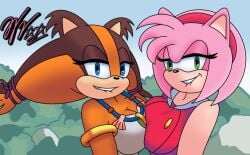 2girls amy_rose asymmetrical_docking big_breasts breast_press breasts breasts_squeezed_together brown_skin brown_skinned_female cleavage clothed female fully_clothed furry idw_comics idw_publishing lesbian pink_skin pink_skinned_female sega sonic_(series) sonic_boom sonic_the_hedgehog_(series) sticks_the_badger twintails