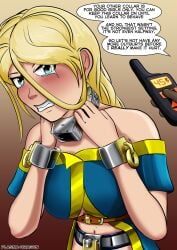 1girls blonde_hair chastity_belt chastity_device collar cuff_(restraint) english_text female female_chastity female_focus femsub green_eyes metal_collar metal_cuffs plasma-dragon punishment remote_control shock_collar tears text wrist_cuffs