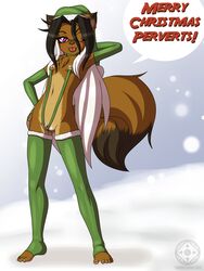 2015 anthro big_clitoris bikini black_hair blush brown_fur chest_tuft christmas clitoris clothing elbow_gloves flat_chested fur gloves hair hat holidays legwear long_hair mammal navel nipple_piercing nipples one_eye_closed outside piercing purple_eyes pussy pussy_juice santa_hat sling_bikini snow swimsuit tanuki tanukiyasha thigh_highs tongue tongue_out tuft white_hair wink young