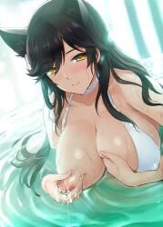 animal_ears atago_(azur_lane) atago_(summer_march)_(azur_lane) azur_lane bikini black_hair breasts choker closed_mouth collarbone female highres lactation lactation large_breasts looking_at_viewer nipples one_breast_out onigirikun pool smile solo swimsuit wet white_bikini white_choker wolf_ears wolf_girl yellow_eyes