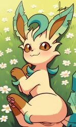ase_fae eevee female feral grass grass_field grass_skirt grass_type grassy_field leafeon pokemon pokemon_(species)