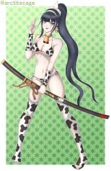arctitecage bell_choker big_breasts bikini black_hair blush cow_girl cow_print female holy_jumonji_sword kyoshika_magadori ponytail swimsuit the_hundred_line_-last_defense_academy-