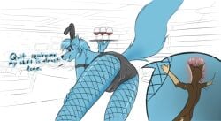 anthro arkani_(arkwulff) arkwulff bunny_costume camel_toe canid canine canis close-up clothing costume dominant dominant_female duo entrapment extreme_size_difference face_in_ass female fishnet_clothing fishnet_legwear hi_res inside_clothing legwear looking_at_another looking_back looking_back_at_another male male/female mammal micro nose_to_anus seductive size_difference stuck_in_clothes waiter wolf x-ray_view
