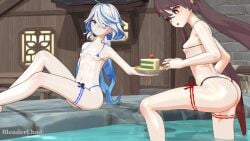 2girls 3d amber_eyes ass blender blenderchad blue_eyes cute flower_in_hair furina_(genshin_impact) genshin_impact heterochromia hot_spring hoyoverse hu_tao_(genshin_impact) micro_bikini offering_food outdoors round_ass round_butt serving_food sitting skimpy slim_waist small_breasts star_eyes tagme thighs twintails water wet_body wet_skin