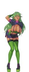 arianne_(hentai_heroes) arm_up black_background breasts cg cleavage dark-skinned_female dark_skin date_arianne_(hentai_heroes) female full_body garter_straps gloves green_gloves green_hair hair_between_eyes hentai_heroes kinkoid large_breasts leaning_forward lipstick long_hair looking_at_viewer makeup microskirt miniskirt navel official_art open_mouth parody poison_(final_fight) revealing_clothes short_sleeves simple_background skirt solo teeth thighhighs transparent_background