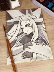 animal_ears black_gloves closed_mouth cup desk dya_rikku_(vtuber) female gloves little_luly long_hair marker_(medium) paper pen photo smile solo table traditional_media vyugen white_hair