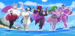 5girls alicorn anthro barb_(mlp) beach big_breasts big_nipples blue_hair blue_sky breasts changeling closed_eyes draconequus dragon dragon_girl female female_focus female_only flurry_heart flurry_heart_(mlp) friendship_is_magic genderswap_(mtf) gleaming_shield_(mlp) glowing green_hair holding_hands horn horns huge_breasts judoon my_little_pony nipples open_mouth open_smile pony princess_cadance_(mlp) princess_flurry_heart_(mlp) princess_twilight_sparkle princess_twilight_sparkle_(mlp) purple_hair rule63 rule_63 running shining_armor_(mlp) shonuff shonuff44 sky spike_(mlp) sunny swimwear tail tantabus thick_thighs thighs thong topless twilight_sparkle_(mlp) unicorn unicorn_horn water wings