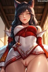 1girls ahri ai_generated bottomless braided_hair breasts dark_hair face_markings female female_only fox_ears fox_girl fox_tail from_below league_of_legends league_of_legends:_wild_rift long_hair looking_at_viewer medium_breasts mostly_clothed multi_tail no_panties patreon pussy salupai seductive_look solo solo_female tail thighs uncensored watermark yellow_eyes