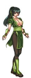 black_hair blue_eyes boots breasts cg cleavage dress female full_body green_footwear green_hair hentai_heroes kinkoid large_breasts lipstick long_hair looking_at_viewer makeup ninja no_bra official_art pantyhose parody ponytail rumiko_(hentai_heroes) simple_background smile solo standing thighs transparent_background