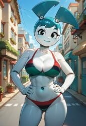 1girls ai_generated bikini blacked city civitai cleavage daytime facing_forward hands_on_hips jenny_wakeman large_breasts looking_at_viewer my_life_as_a_teenage_robot nickelodeon outdoors pan-african_flag_bikini panties robot robot_girl smile solo