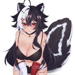 ahoge animal_ears antenna_hair artist_name bangs bare_shoulders black_choker black_hair blush breasts choker cleavage closed_mouth collarbone cowboy_shot cross crossed_bangs eyebrows_visible_through_hair female gloves hair_between_eyes hair_ornament hairclip jewelry large_breasts leaning_forward long_hair looking_at_viewer midriff mole momotexx_(vtuber) multicolored_hair navel panties red_eyes scar short_shorts shorts smile solo star_(symbol) stomach striped striped_background tail thigh_strap thighhighs underwear v_arms very_long_hair vyugen white_background wolf_ears wolf_tail