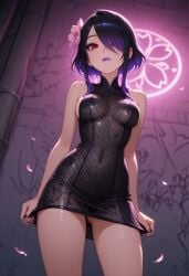 2d adorable_eyes ai_generated beautiful_eyes black_hair black_nails civitai cute cute_face cute_girl detailed_eyes female fishnet_dress flower_in_hair geneker girl gradient_hair graffiti hair_over_one_eye juleka_couffaine lipstick makeup medium_breasts miraculous:_tales_of_ladybug_and_cat_noir miraculous_ladybug multicolored_hair no_underwear purple_hair purple_lipstick red_eyes sakura_petals sexy sideboob sidelocks sleeveless solo solo_female teenage_girl teenager two_tone_hair